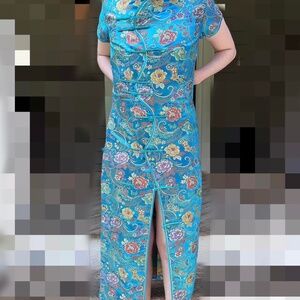 Vintage Aqua Qipao Cheongsam Long Dress Size Small